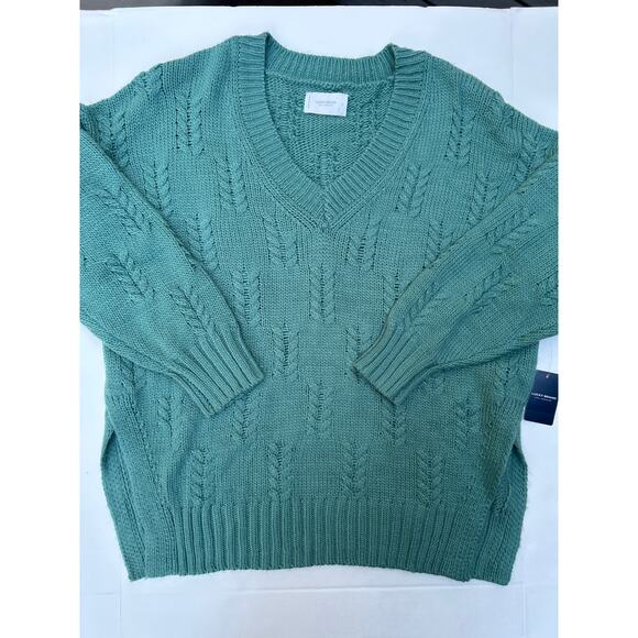 Lucky Sweaters - Lucky Green V Neck Cable Knit Sweater Oversize Split Slit Sides Size Large NWT
